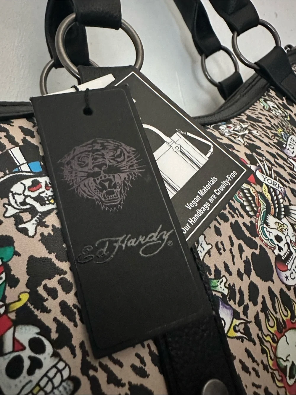 Ed Hardy Leopard Skull Print Satchel - Black & Tan